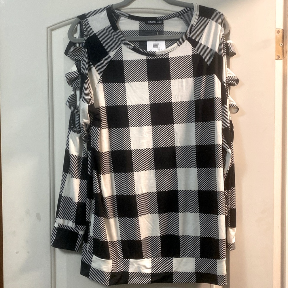 Women’s blouse made by Heimish. Size large. Black and white checkers
